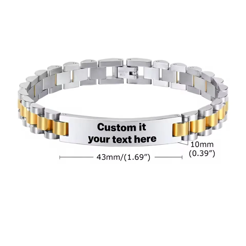 Personalizlied الفولاذ المقاوم للصدأ نقش النص واسعة سوار مخصص الرجال حزام (استيك) ساعة شعار معرف سوار للذكور الأب مجوهرات هدية