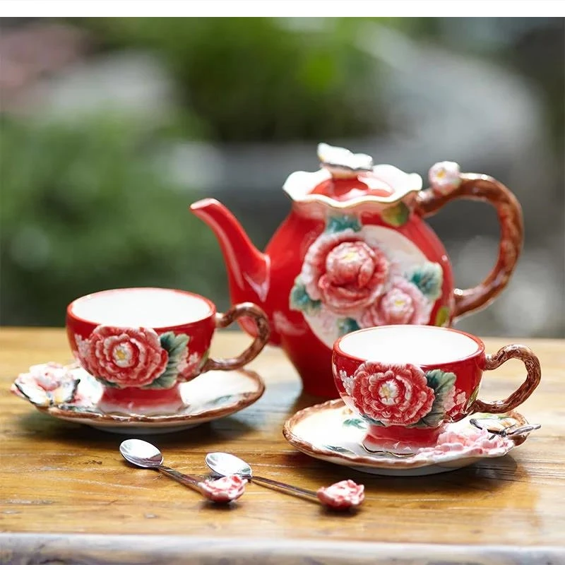 

Керамический чайный сервиз с пионом, английская комбинация бытовой чайной чашки для послеобеденного черного цвета