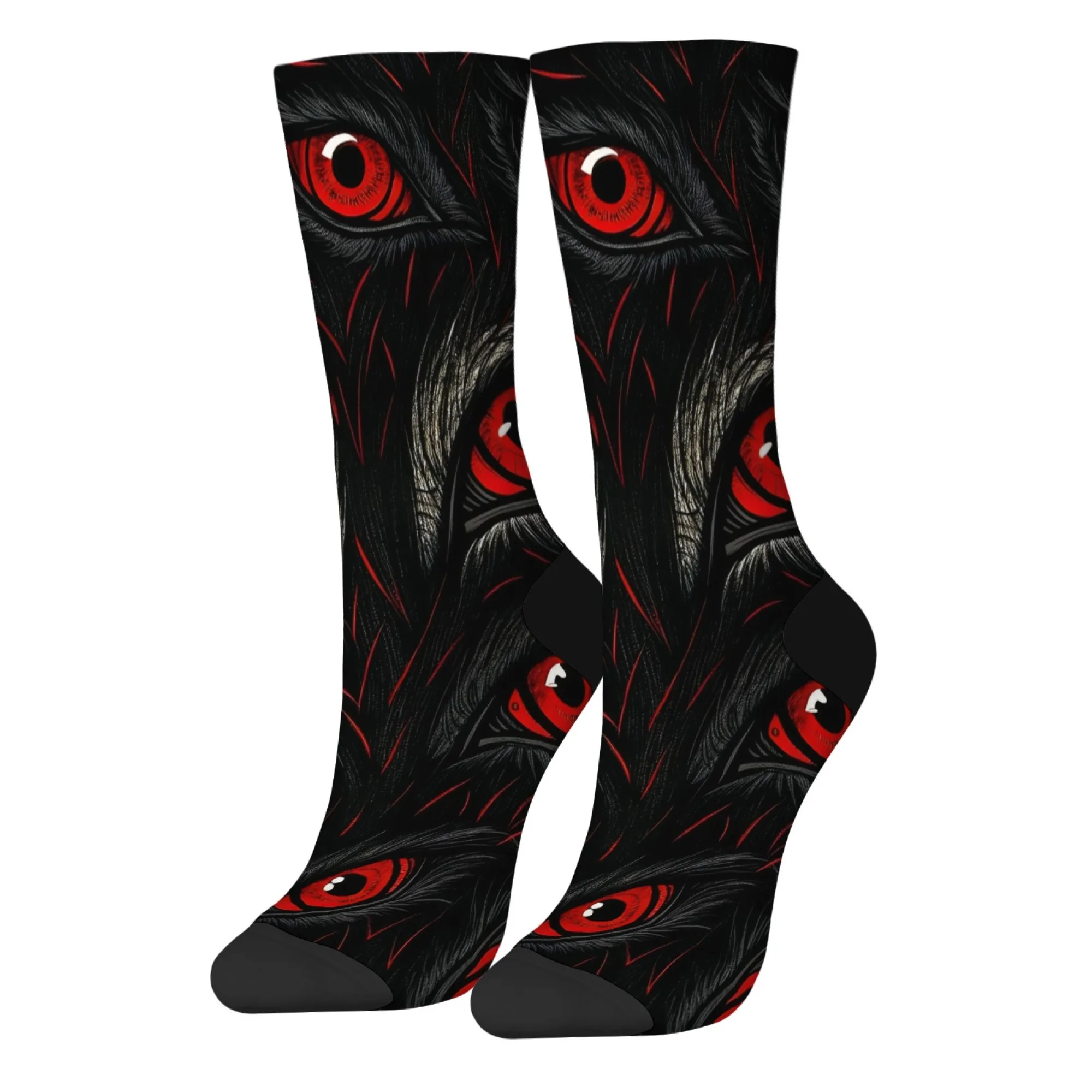 Edgy Dark Red-Eyed Wolf Crew Socken mit mehreren roten Augen, Unisex-Socken für Modetrendsetter und dunkle Tierbegeisterte