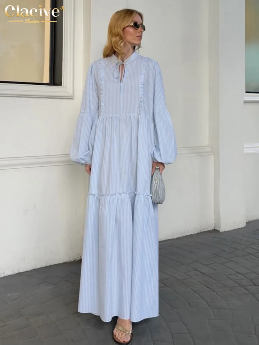 Clacive Fashion Loose Blue Stripe Women's Dress 2027 Casual Stand Collar Long Sleeve Maxi Dresses Elegant Classic Female Dress