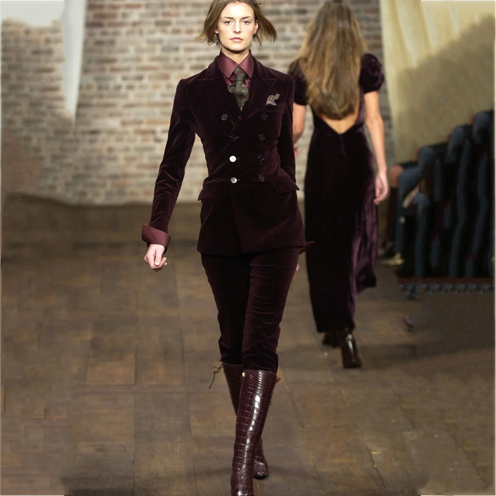 

Slim Fit Velvet Women Suit Two Piece Jacket Pants Classic Double Breasted Peaked Lapel Costume Fashion Female Outfit Set