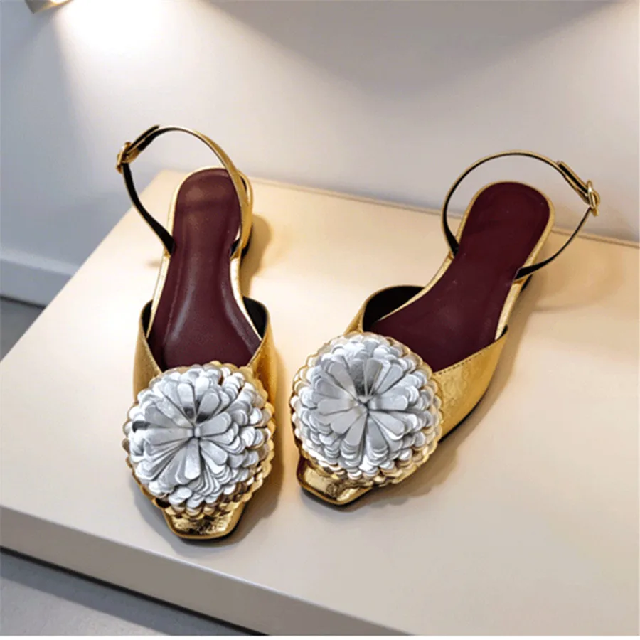 2026 New Summer Flower Decor Gold Flat Sandals Women Buckle Strap Low Heel Pumps Elegant Closed Toe Slingback Dress Shoes Woman