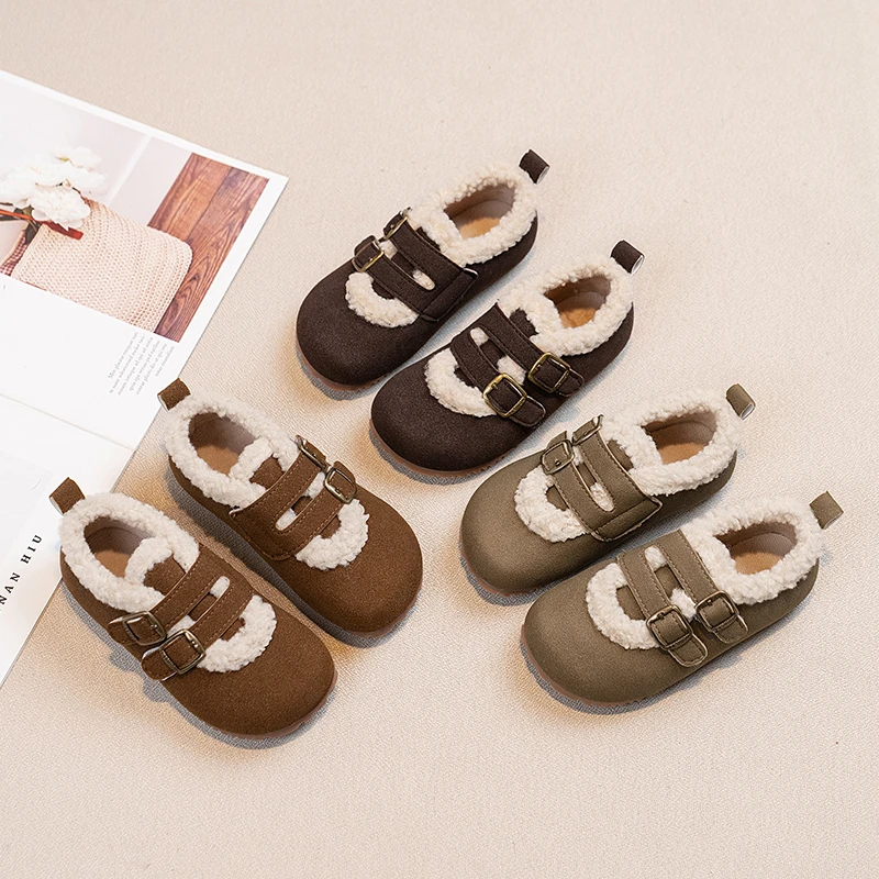 Winter Boys Girl's Shoes Plush Hook-loop Warm Kid's Flat Shoe Solid Colors Anti-slip Daily Versatile Casual Children Shoes 4-6Y