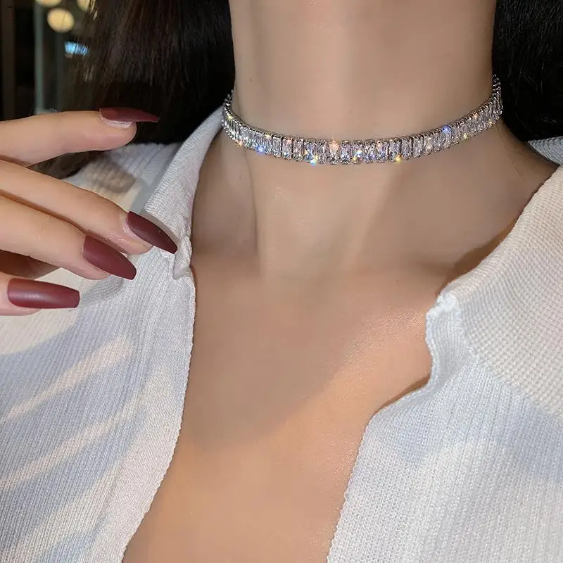 Necklaces Choker For Women Silver Color AAAAA White Cubic Zirconia Stone Bridal Wedding Jewelry Engagement Party Accessories