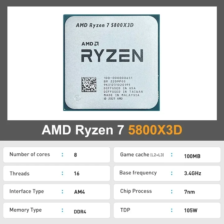 for AMD Ry zen 7 5800X3D 3.4 GHz 8-Core Processor R7 5800X3D new CPUs 16-Thread 7NM L3 = 96M Socket AM4 cpu for gaming NO FAN