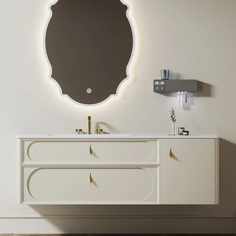 

Retro bathroom cabinet, smart mirror cabinet, combined bathroom, washstand, rock slab hot bending integrated basin