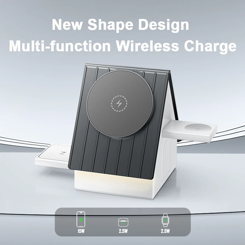 

New 3 in 1 House modeling Wireless Magnetic Quick Charger Cell Phone Wristwatch Headphones LED Light Ambient