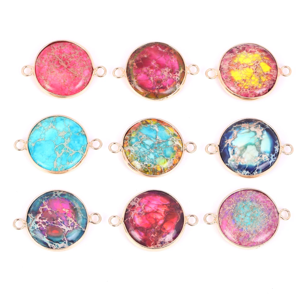 Natural Stone Pendants Golden Round Colorful Sea Sediment Pendants For Jewelry Making Diy Charm Necklace Crafts Accessories 16mm