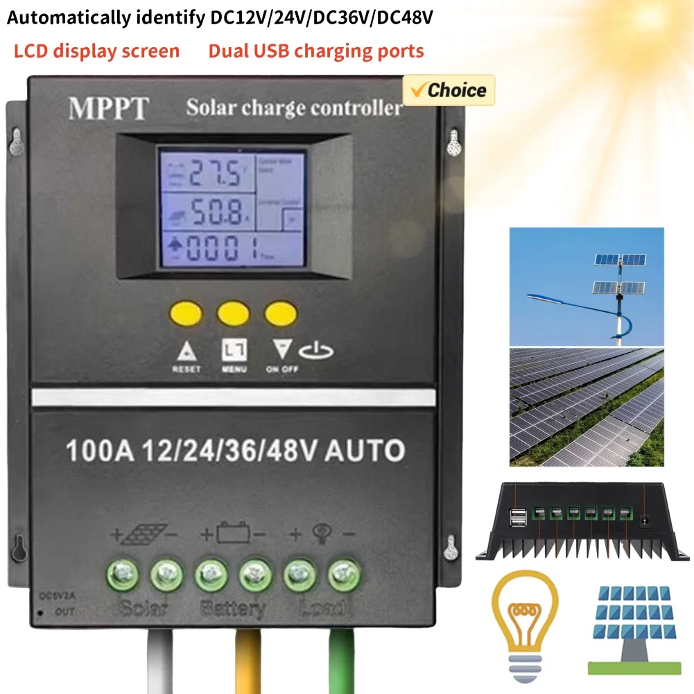 

LCD Display Solar Charge Controller 100A MPPT 12V 24V 36V 48V Solar Panel Lead Battery Regulator Dual USB for Lead-acid/Lithium
