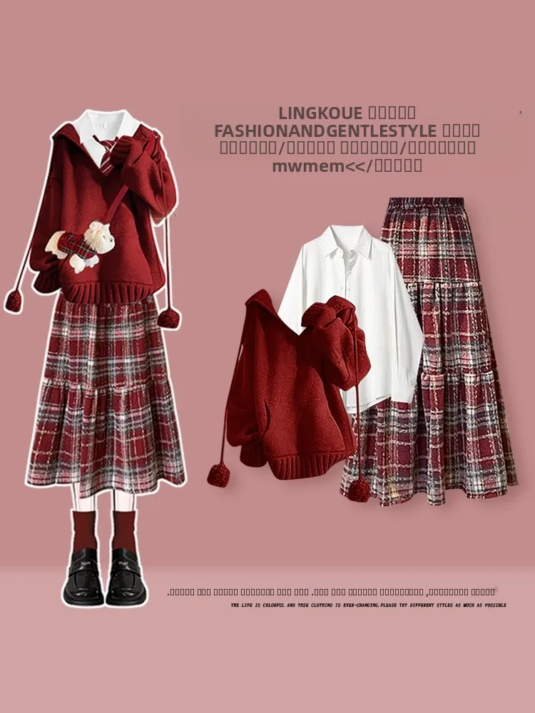 

Модная вязаная шапка, женский комплект, красная основа irt с клетчатой юбкой, футболка, осенне-зимний ансамбль, повседневный комплект