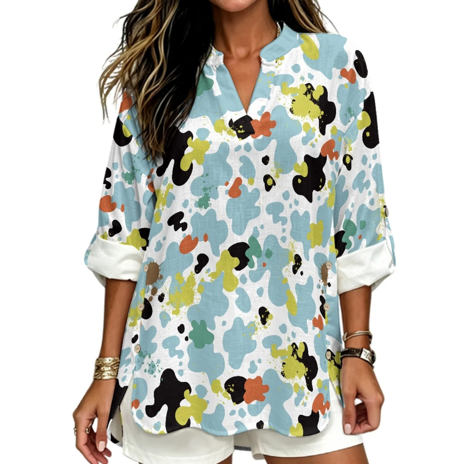 PENSTROLL Paint Splash Linen Like V Neck Blouses Long Sleeve Blouse for Women Comfy Beach Tops