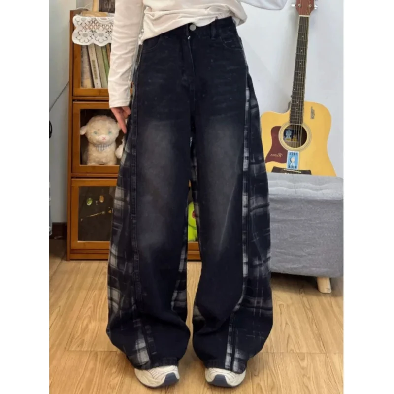 

American Retro Plaid Contrasting Jeans Women's Spring and Autumn New High-waist Loose Drape Wide-leg Pants