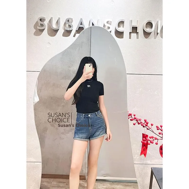 

Susan Pure Fashion High Waist Blue Jeans Short Pants Women's Spring Autumn Turn up Cuff Slimming Effect Casual Stylish