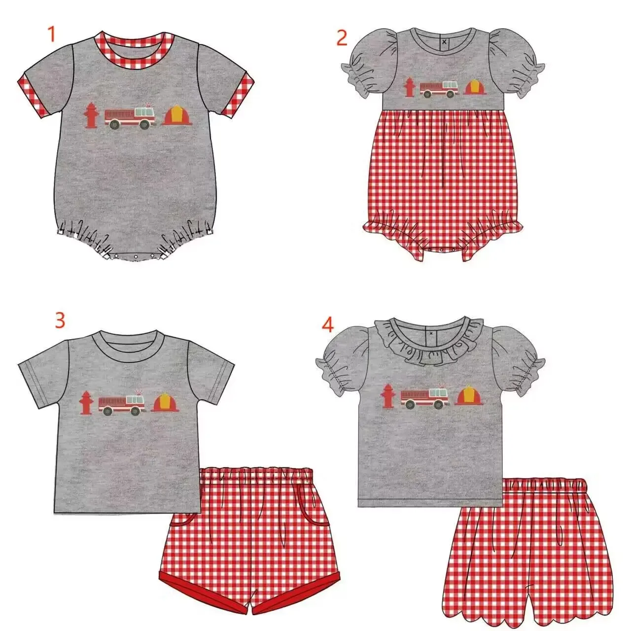 Fashionable Girls Suit Boutique Baby Newborn Kid Suit Fire Truck Plaid Short Sleeve Shorts Twin Suit Summer for girl outfit