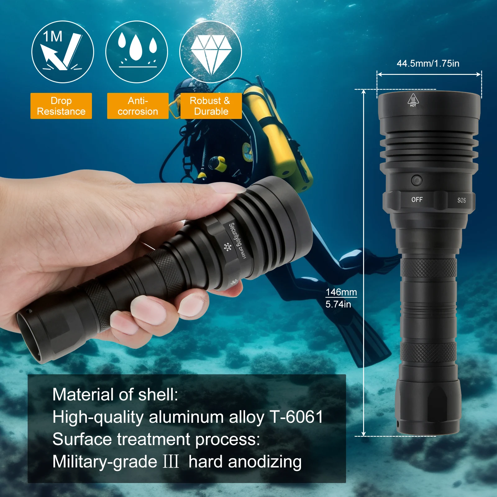 Linterna LED submarina 100m – Recargable USB interruptor magnético - imagen 5