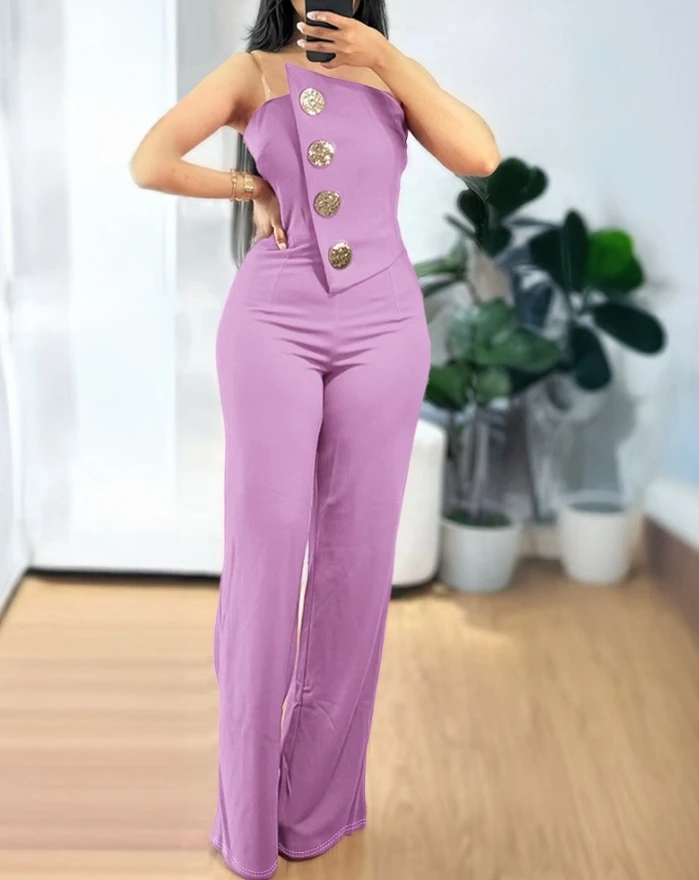 jumpsuit woman 2024 high quality Irregular strapless jumpsuit metal button decoration casual high waisted slim fit jumpsuit