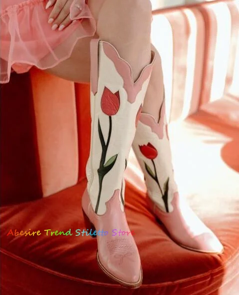 Pink Flower Print Embroidered Chunky Heel Knee High Boots Ladies Leather Wooden Heel Summer New Trending Girls Boots