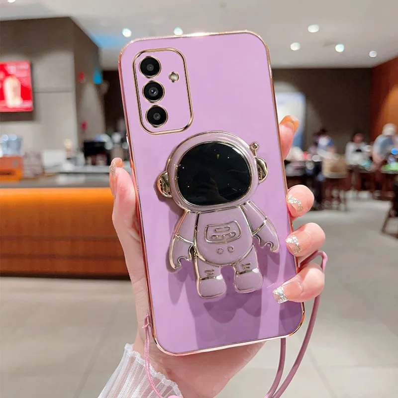Astronaut Fold Stand For Samsung Galaxy A14 5G Phone Case With Lanyard Luxury Plating Cover