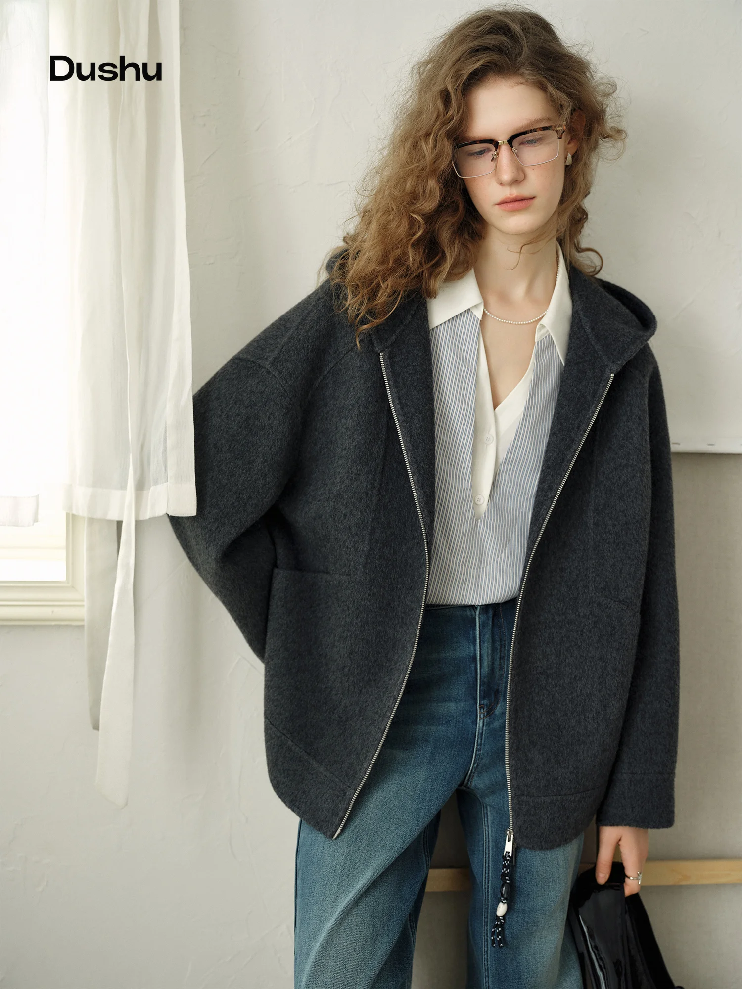DUSHU 2026 Winter Women's Relaxed Hooded Zip-Up Double-Faced Wool Coat - Chic Versatile Casual for Commute Daily Wear