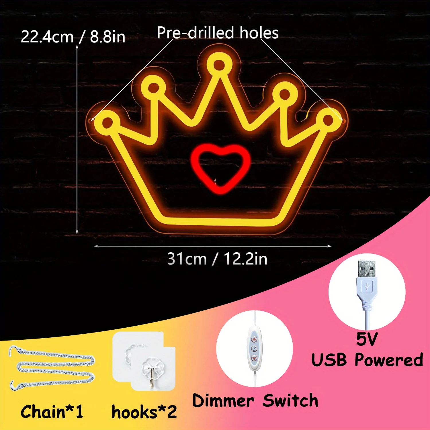 Crown Neon, 5V USB LED Wall Lighting Decor with Dimmer Switch, Bedroom, Game Room, Internet Cafe, Bar, Party Wall Decor