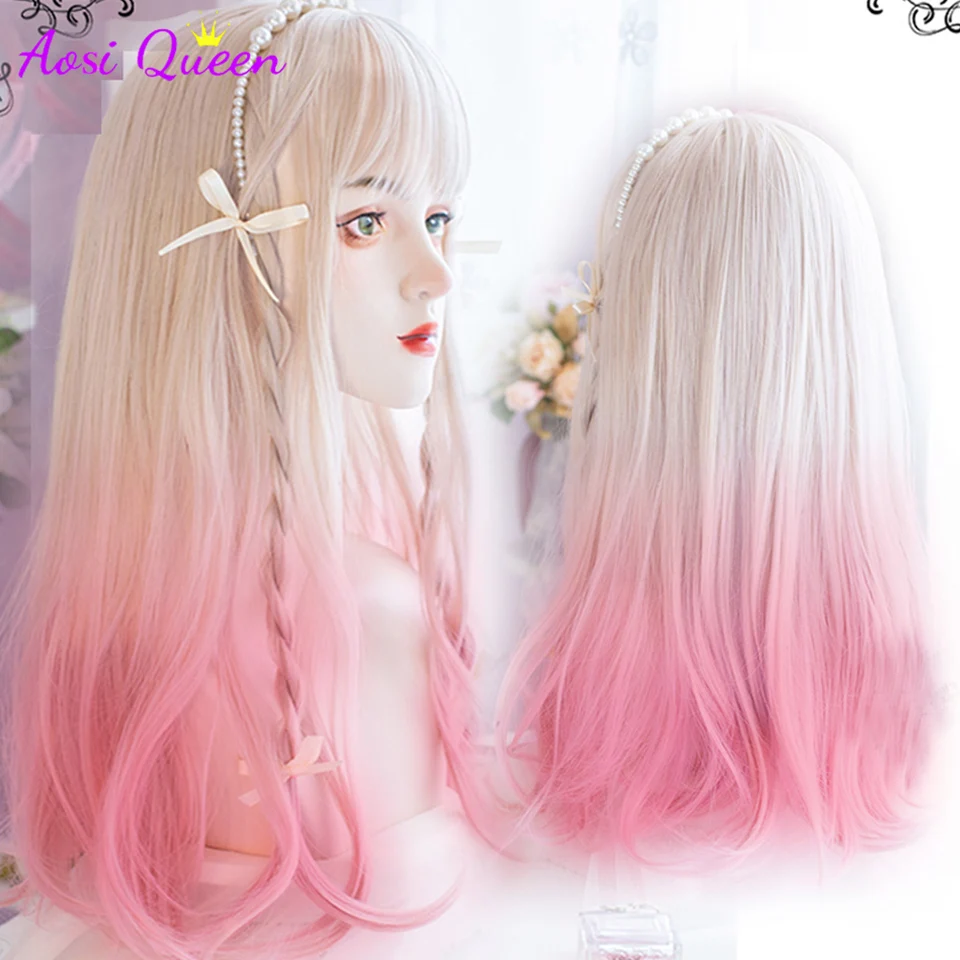 

AS Long Straight White Hair Pink Synthetic Lolita Wigs with Bangs for Women Fashion Female Cosplay high temperature hair