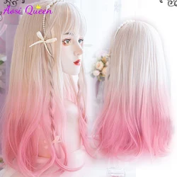 AS Long Straight White Hair Pink Synthetic Lolita Wigs with Bangs for Women Fashion Female Cosplay high temperature hair