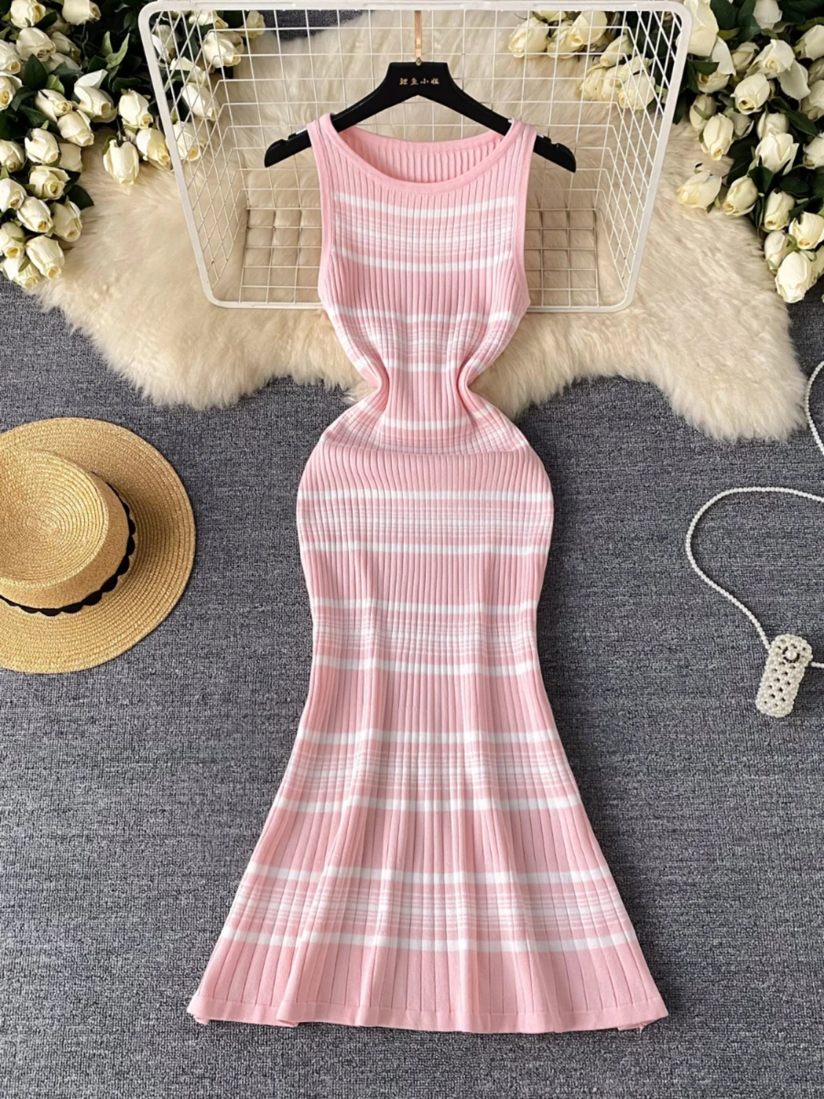 Foamlina-Robe Midi Rose à Rayures pour Femme, Tenue Chic, Col Rond, Coupe Cintrée, Gaine à Volants, Streetwear