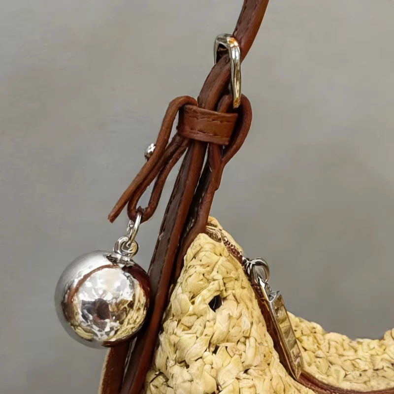 Beach Raffia Hobos Bags For Women Luxury Designer Handbags Purses 2026 New In Grass Knitting Hollow Metal Ball Underarm Shoulder