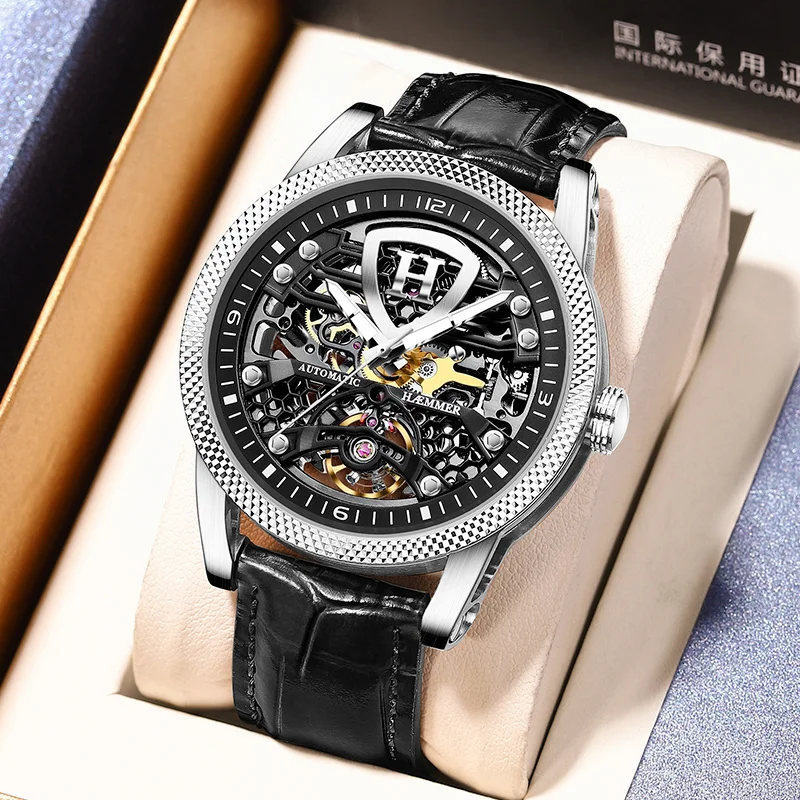 

2025 HAEMMER new men's watch leather strap mechanical watch waterproof 30 meters luminous