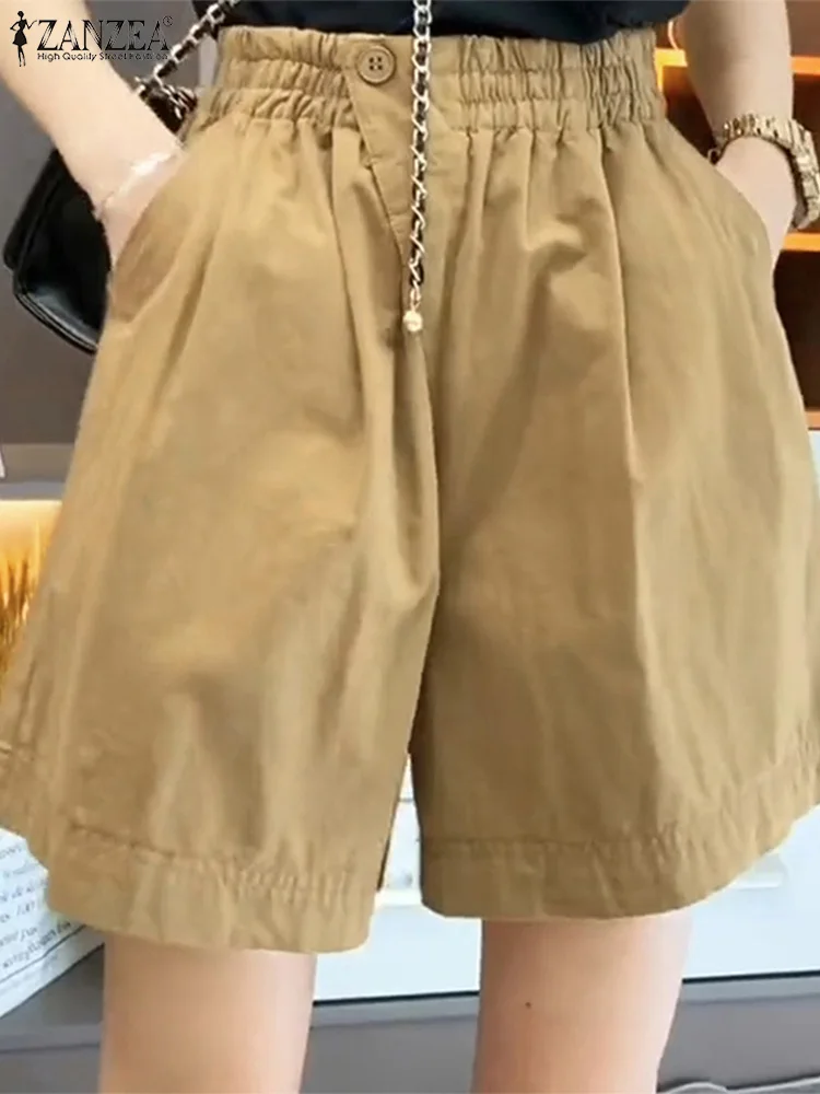 ZANZEA 2025 الصيف موضة السراويل النساء مرونة الخصر جيوب غير رسمية بنطال ذو قصة أرجل واسعة فضفاضة بلون خمر بنطلون بنطلونات #2