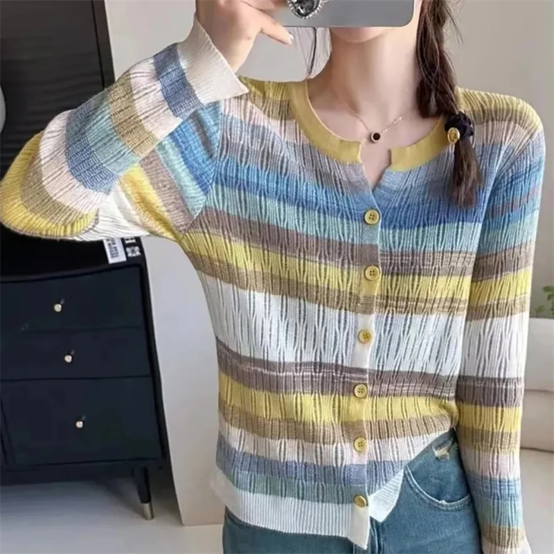 Autumn New 2023 Oversized Women\'s Design Sensation Small Group Hollow Out Round Neck Rainbow Spliced Stripe Knitting Sweater Top