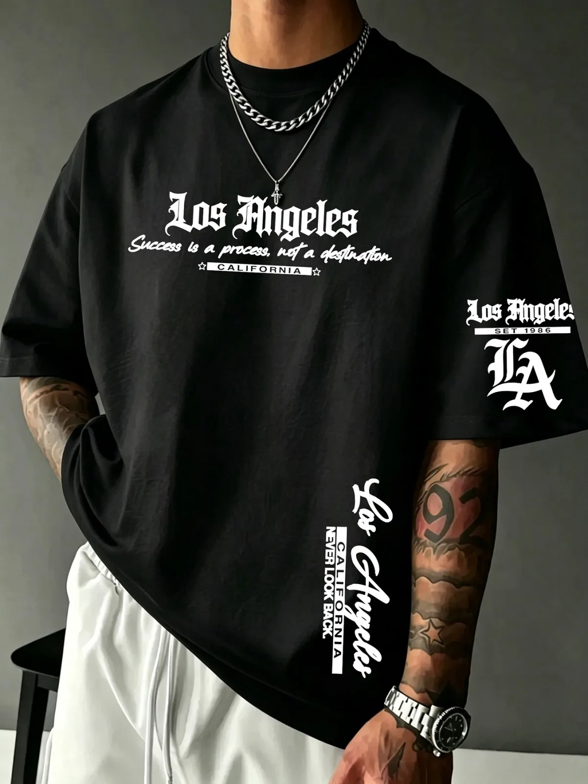 New American Men's Summer Retro Los Angeles Letter Printed Micro Elastic Breathable Round Neck T-shirt Outdoor Street Style Top