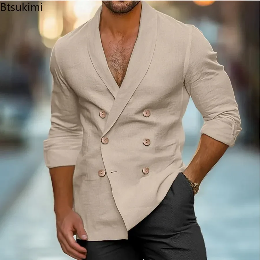 2025 Men's Vintage Double Breasted Lapel Thin Suit Jacket Solid high-end Shirt Coats Male Fashion Business Casual Cardigan Tops