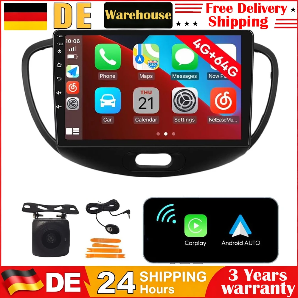Neues 9-Zoll-Doppel-DIN-Touchscreen-Autoradio, Multimedia-Videoplayer, Android 15, 4 GB + 64 GB, Quad-Core-Prozessor, für Hyundai I10 2007-2013, kabelloses Carplay & Android Auto, GPS-Navigation,