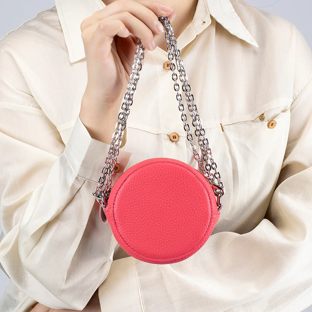 Small Circular Crossbody Purse Genuine Leather Shoulder Bag for Women Fashion Handbag Pink Portable Small Cosmetic Bag for Women