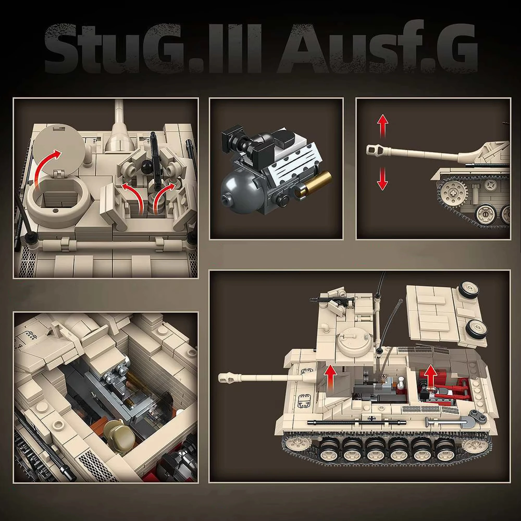 WW2 النموذج الكلاسيكي العسكري Sturmgeschütz III Ausf. مكعبات بناء دبابة G مع 4 جنود وألعاب أسلحة لهدايا عيد الميلاد للأطفال