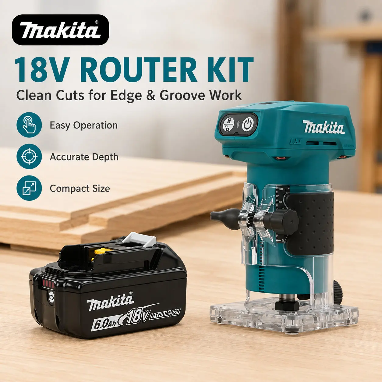 Makita DRT52 18V LXT Défonceuse compacte sans fil, stabilité de coupe constante, outil de travail du bois alimenté par batterie pour la préparation de mortaises, moulures décoratives, profilés, chanfreinage des bords, rainurage, idéal pour les opérateurs d'atelier.