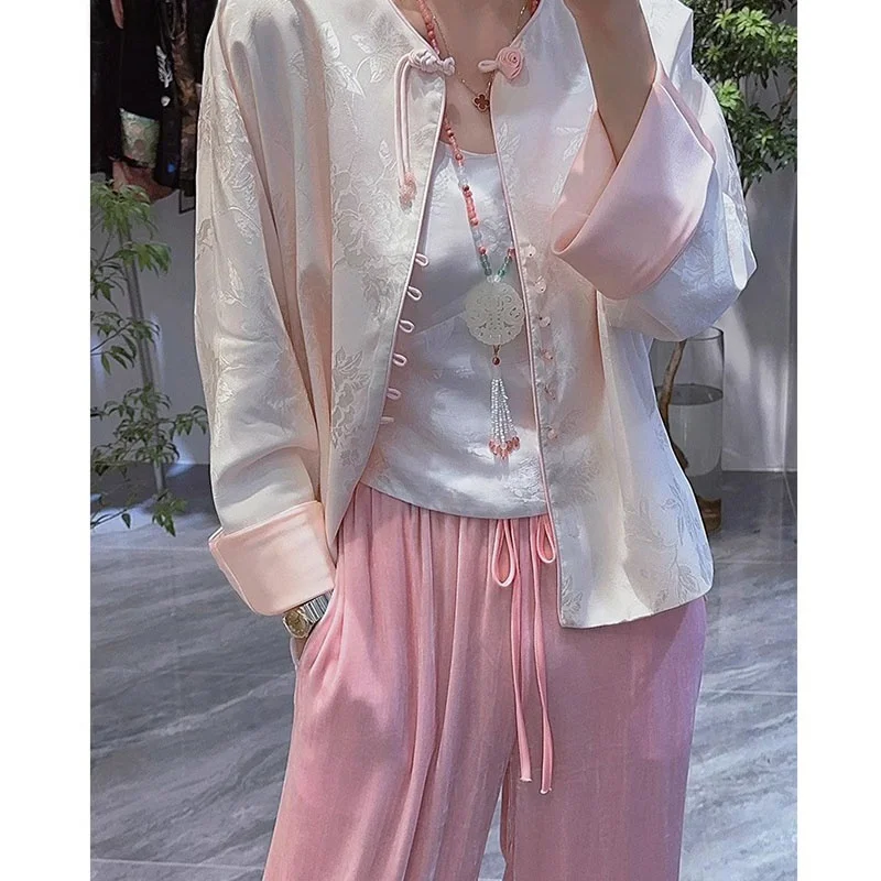 

Ранняя весна, новый китайский легкий национальный комплект из двух предметов, розовый джинт и брюки, женский модный ансамбль, легкий традиционный комплект...