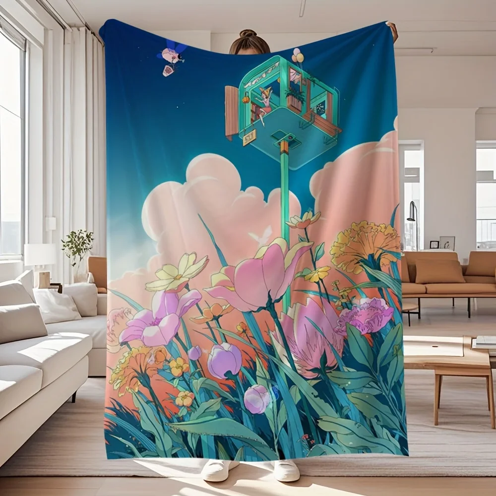 Floating House with Flowers and Clouds Pattern Fleece Blanket Cartoon Style Soft Warm Throw Interior Decoration Bedding Cover