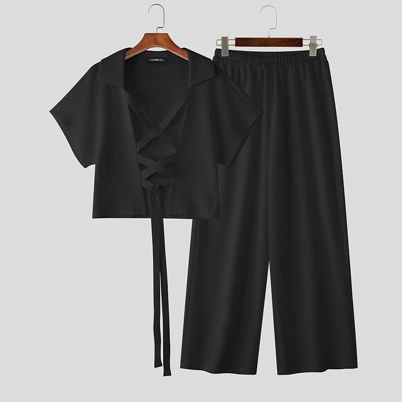 

INCERUN Мужские комплекты с однотонными лацканами и короткими рукавами на шнуровке, укороченная футболка и брюки, комплекты из двух предметов, уличная одежда, модные мужские костюмы