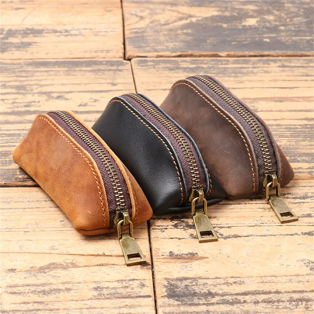 Genuine Leather Key Pouch Retro Cowhide Small Key Chain Coin Purses Male Mini Business Zipper Car Key Bag Handbag Pouch