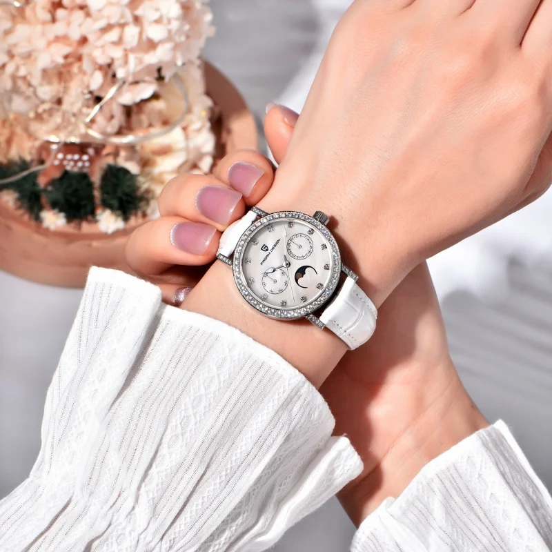 PAGANI DESIGN 1789 Reloj de cuarzo para mujer con esfera elegante con conjunto de diamantes, resistente al agua hasta 50M, calendario de cristal de zafiro, fase lunar, reloj para mujer