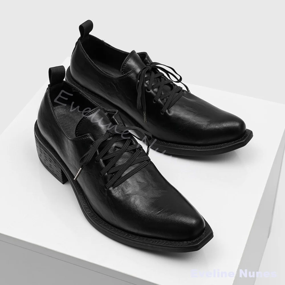 Men Black Leather Square Pointed Toe Oxford Shoes Lace Up Chunky Block Heel Minimalist Gothic Dress Shoes Streetwear Footwear