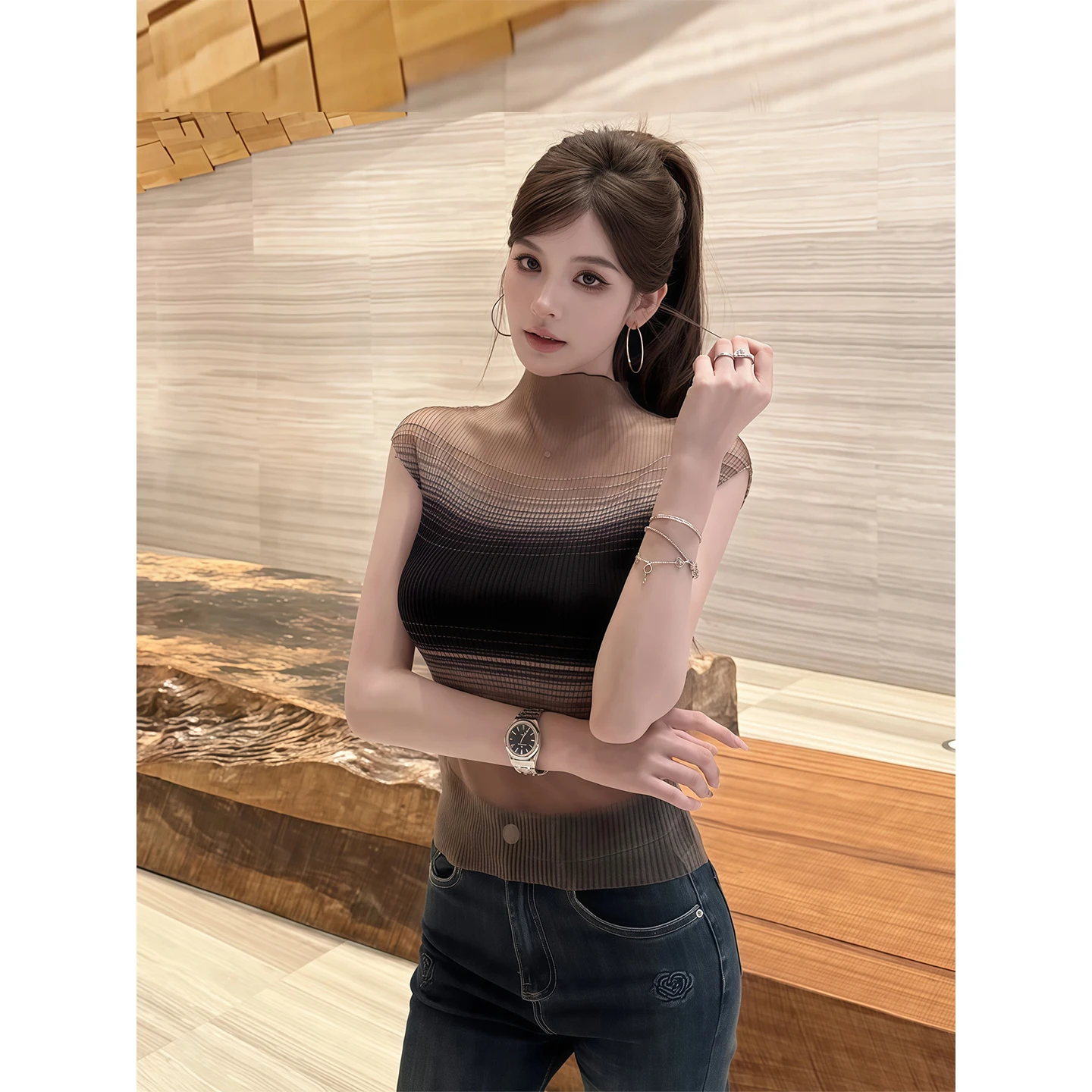 Saliency Sexy Spice Girls Turtleneck Contrast Color Knitted Sleeveless T-Shirt Women's 2025 Summer New Skinny Short Top