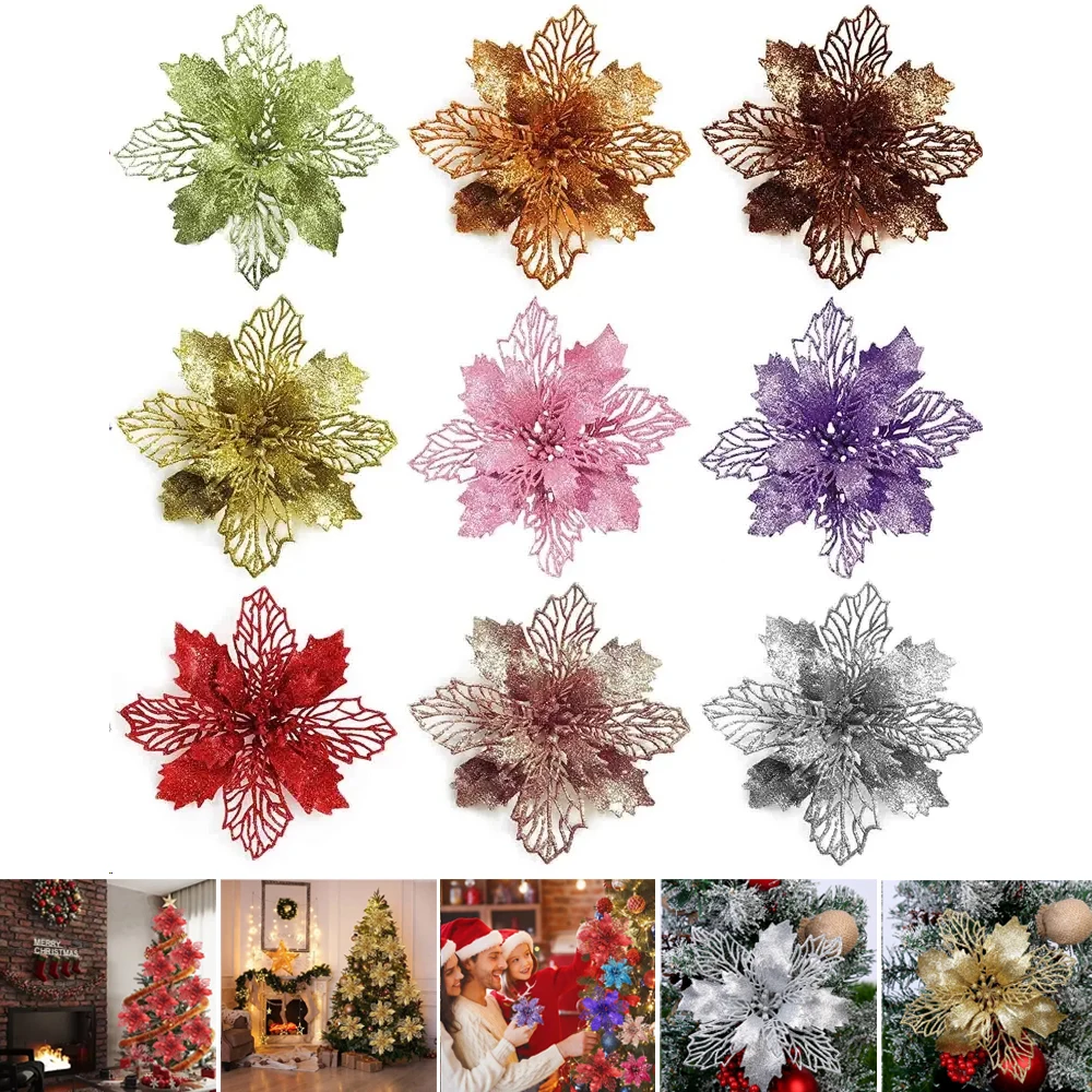 

10pcs Set Artificial Christmas Tree Flower Glitter Decorations Xmas Ornaments New Year Gift Artículos Navideños Deco Noel Xmas