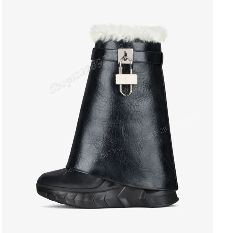 

Black Fur Lock Decor Mid Calf Boots Fleece Round Toe Thick Soled Side Zipper Women Shoes 2023 Fashion Sexy Zapatos Para Mujere