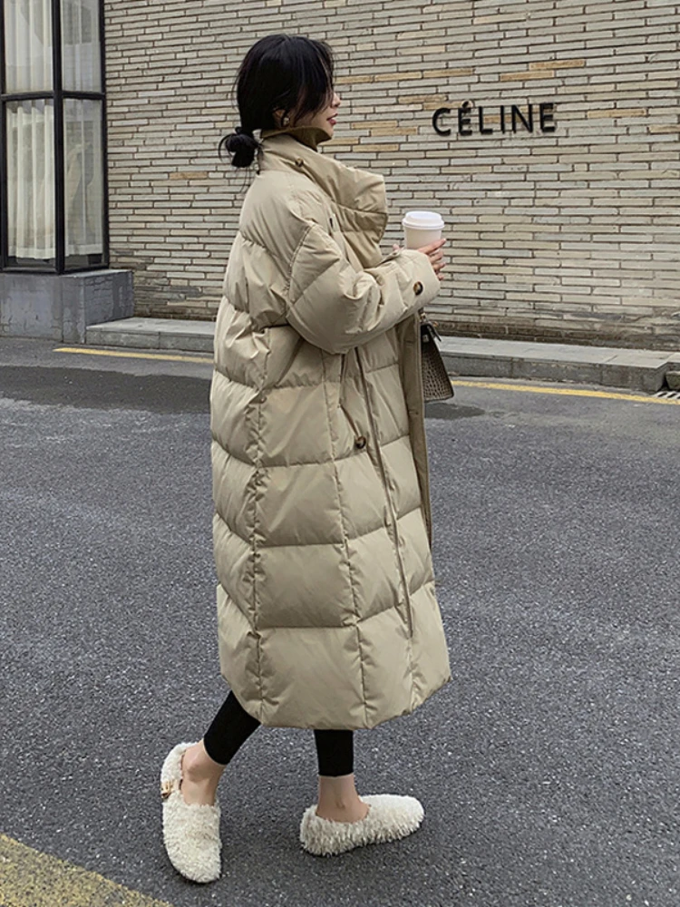 Elegant katoenen donsjack voor woon-werkverkeer Winter nieuwe opstaande kraag losse grote maten dikker windjack midi-lengte katoenen jas dames