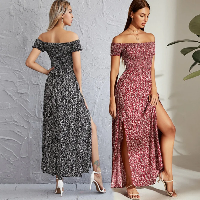 

YQ1-Graceful Off-Shoulder Dress with Elastic Waist, Pullover Floral Long Maxi Dress, Fashionable and Elegant for Women
