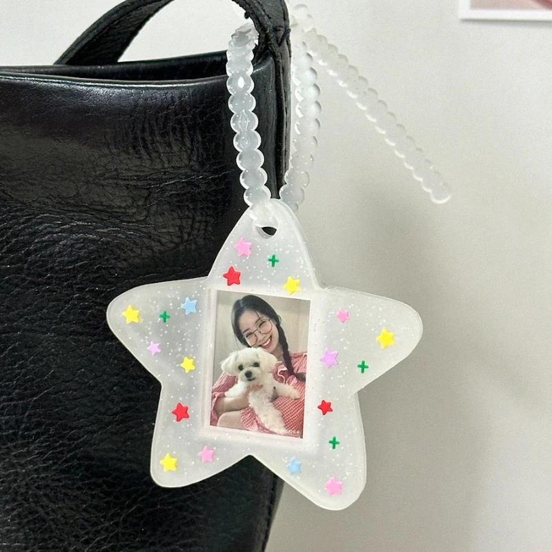 Cute Glitter Star Acrylic Photocard Holder Keyring, Multi-shape Photo Frame Pendant,Idol Photo Card Protector Bag Charm Gift