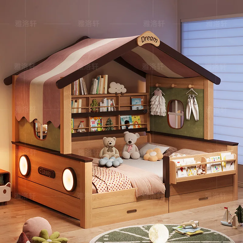 Children's Bed Integrated Space-saving Bed with Guardrail Double Tatami Girl Tree House Princess 1.35 Child and Mother Bed